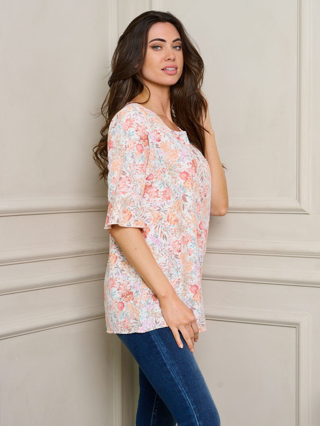 WOMEN'S SHORT RUFFLE SLEEVES FLORAL TUNIC TOP