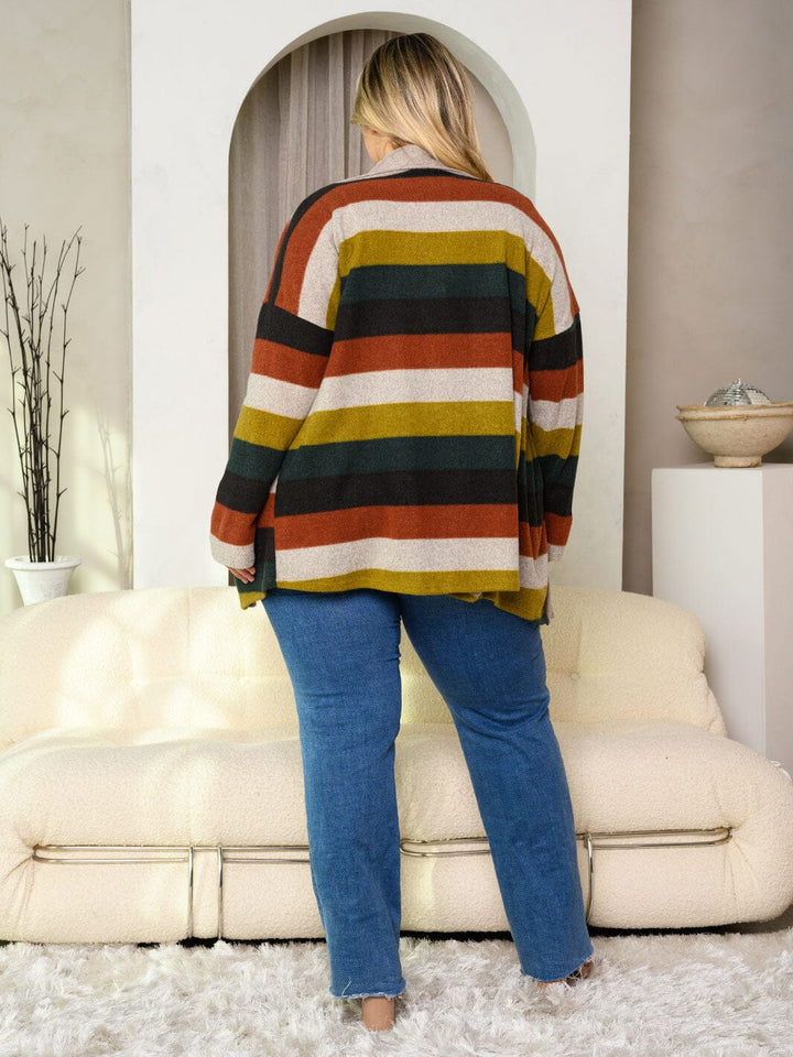 PLUS SIZE LONG SLEEVE COLORBLOCK STRIPES OPEN FRONT CARDIGAN