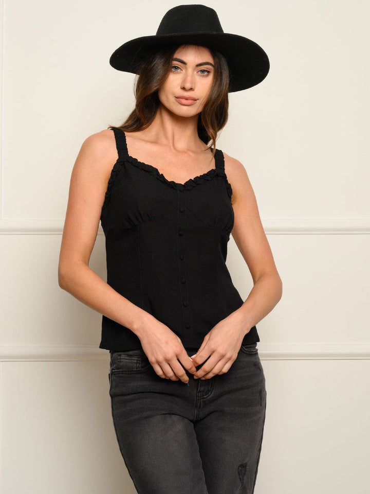 WOMEN'S V-NECK RUFFLE STRAP BUTTON DOWN SMOCKING BACK TANK TOP