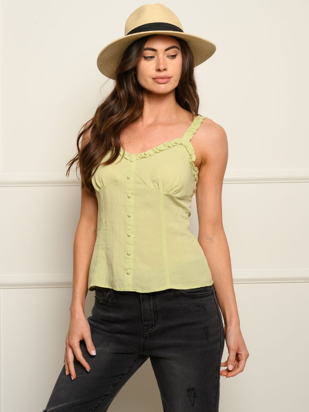 WOMEN'S V-NECK RUFFLE STRAP BUTTON DOWN SMOCKING BACK TANK TOP