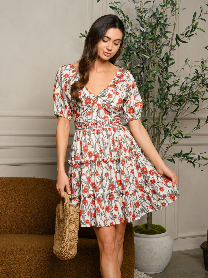 WOMEN'S SHORT SLEEVE V-NECK FLORAL MINI DRESS
