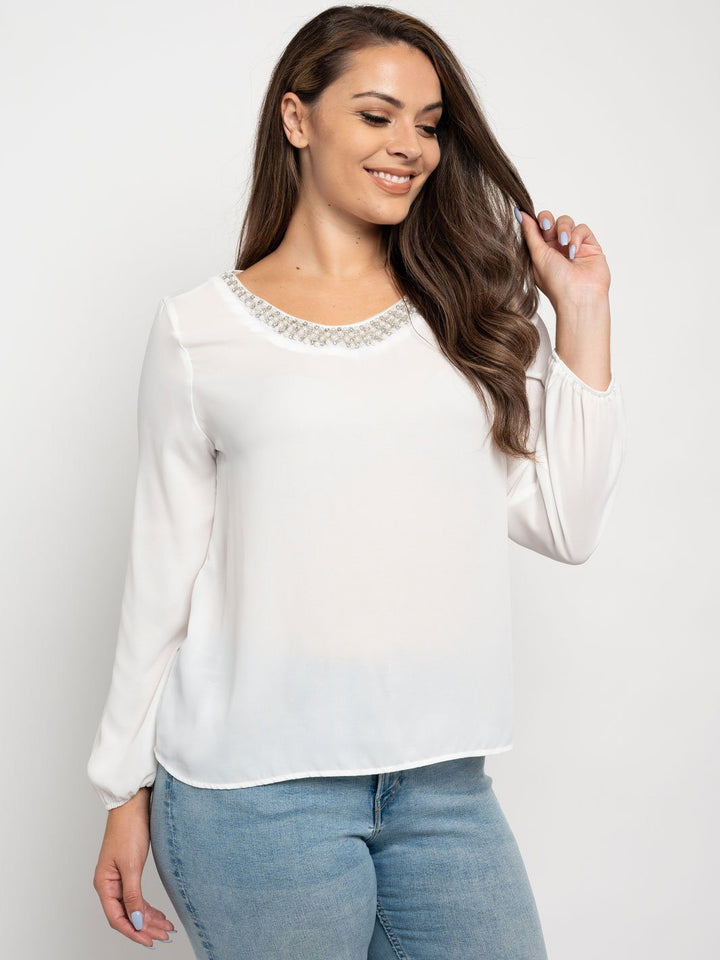 PLUS SIZE LONG SLEEVE PEARL DETAIL TOP