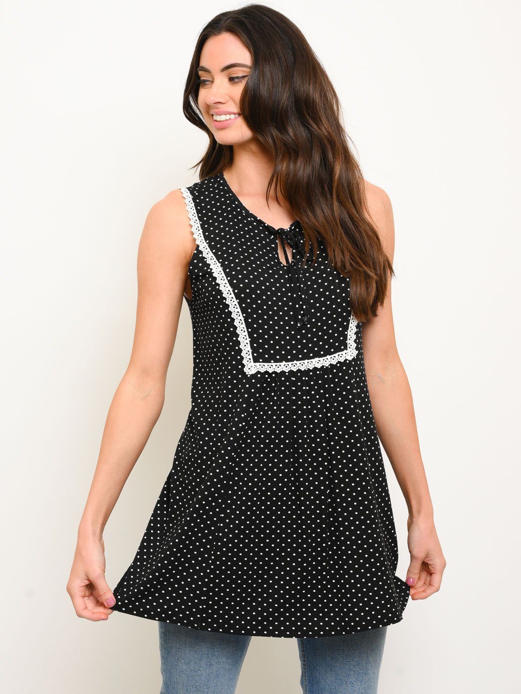 WOMEN'S MINI POLKA DOT SLEEVELESS LACE EMBELLISHMENT TOP