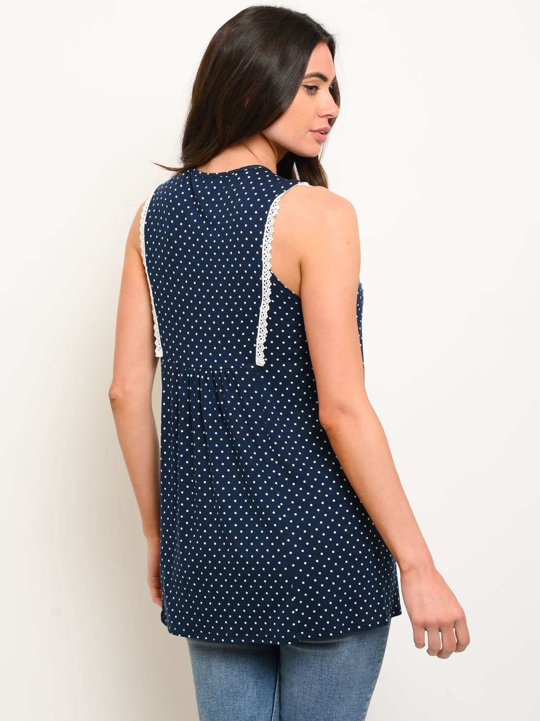 WOMEN'S MINI POLKA DOT SLEEVELESS LACE EMBELLISHMENT TOP