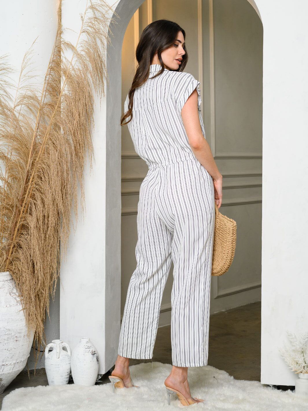 WOMEN'S SHORT SLEEVE PIN STRIPPED POCKETS JUMPSUIT