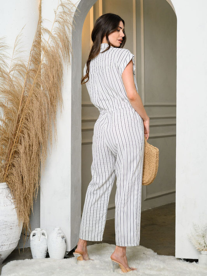WOMEN'S SHORT SLEEVE PIN STRIPPED POCKETS JUMPSUIT