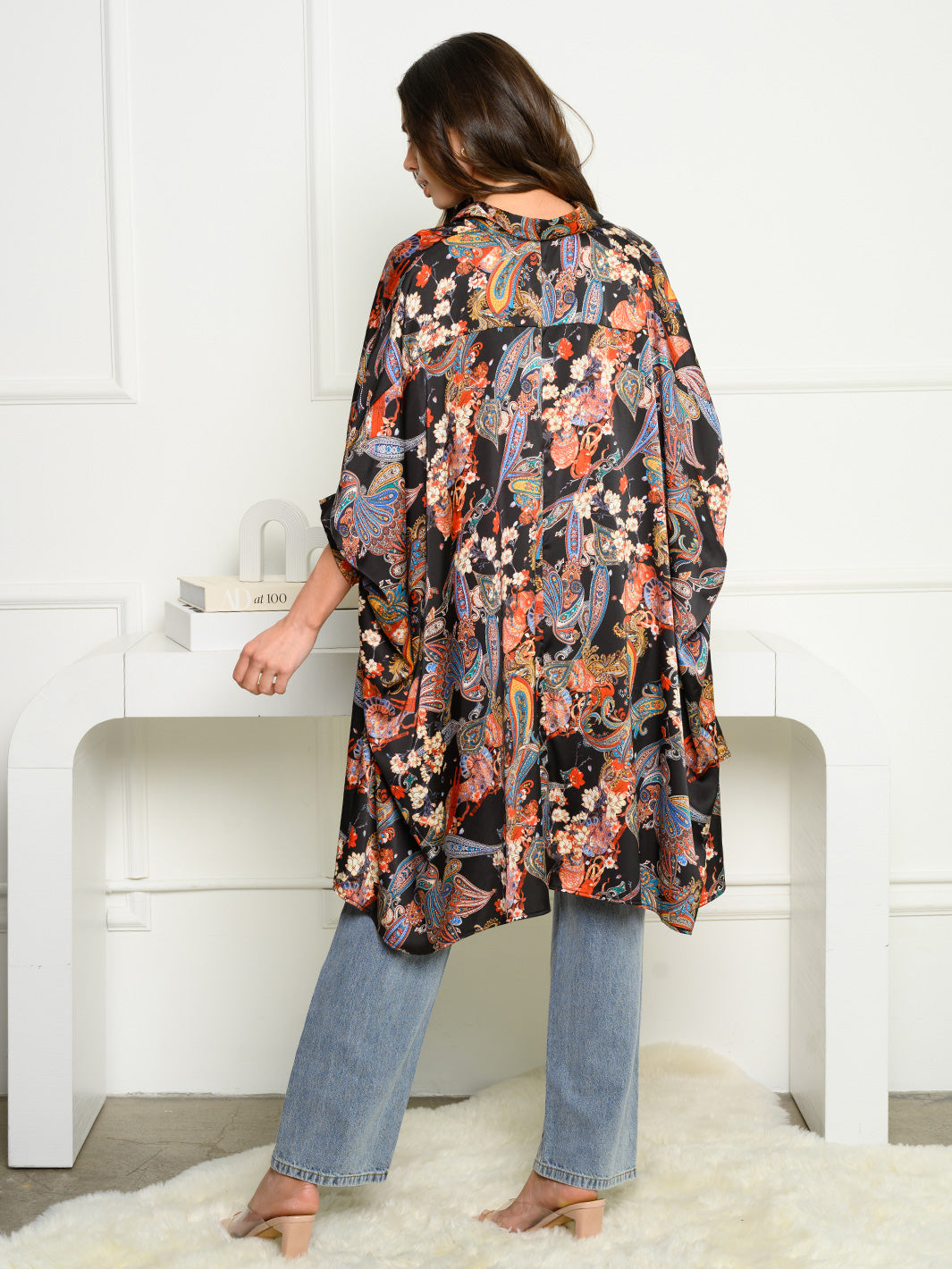 WOMEN'S SHORT DRAPE SLEEVE BUTTON UP MULTI PRINT TOP