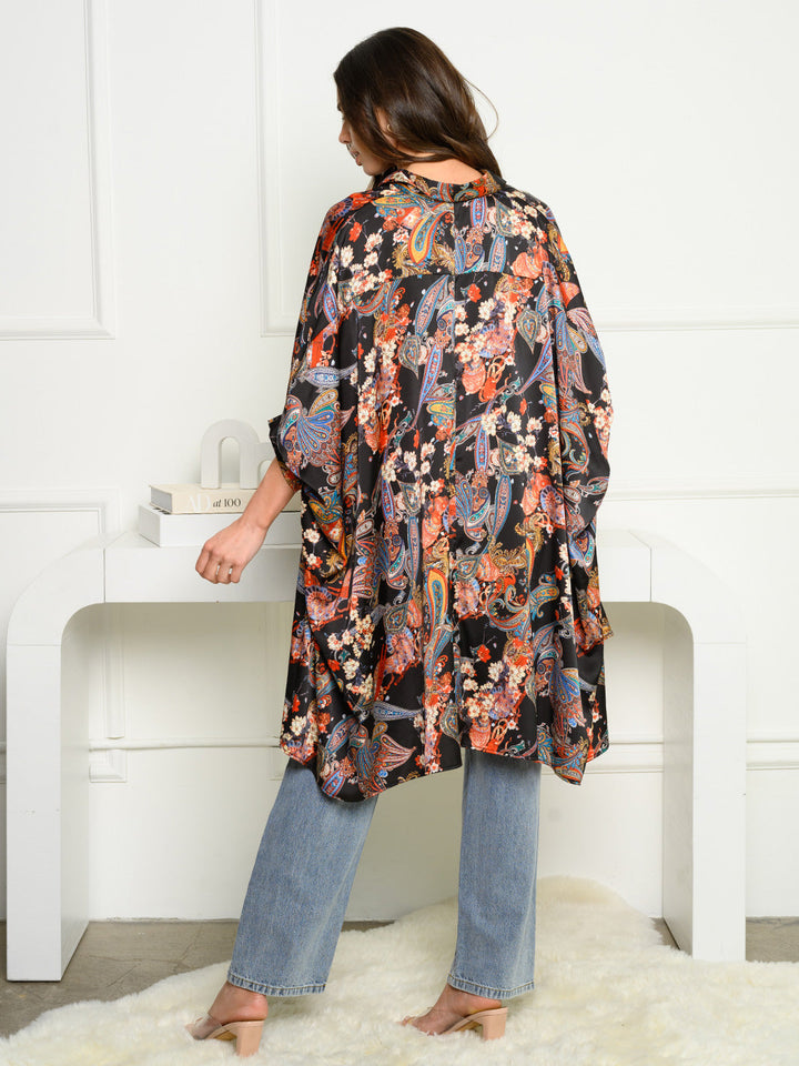 WOMEN'S SHORT DRAPE SLEEVE BUTTON UP MULTI PRINT TOP