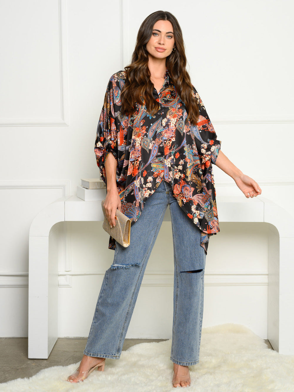 WOMEN'S SHORT DRAPE SLEEVE BUTTON UP MULTI PRINT TOP