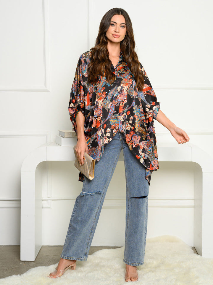 WOMEN'S SHORT DRAPE SLEEVE BUTTON UP MULTI PRINT TOP