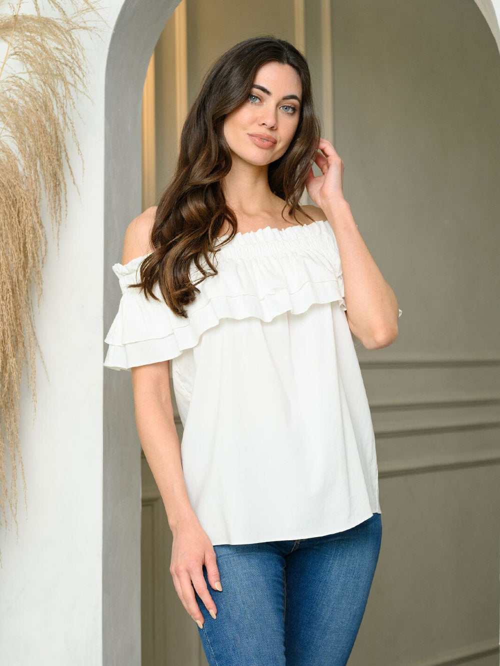 WOMEN'S OFF SHOULDER RUFFLE TUNIC TOP