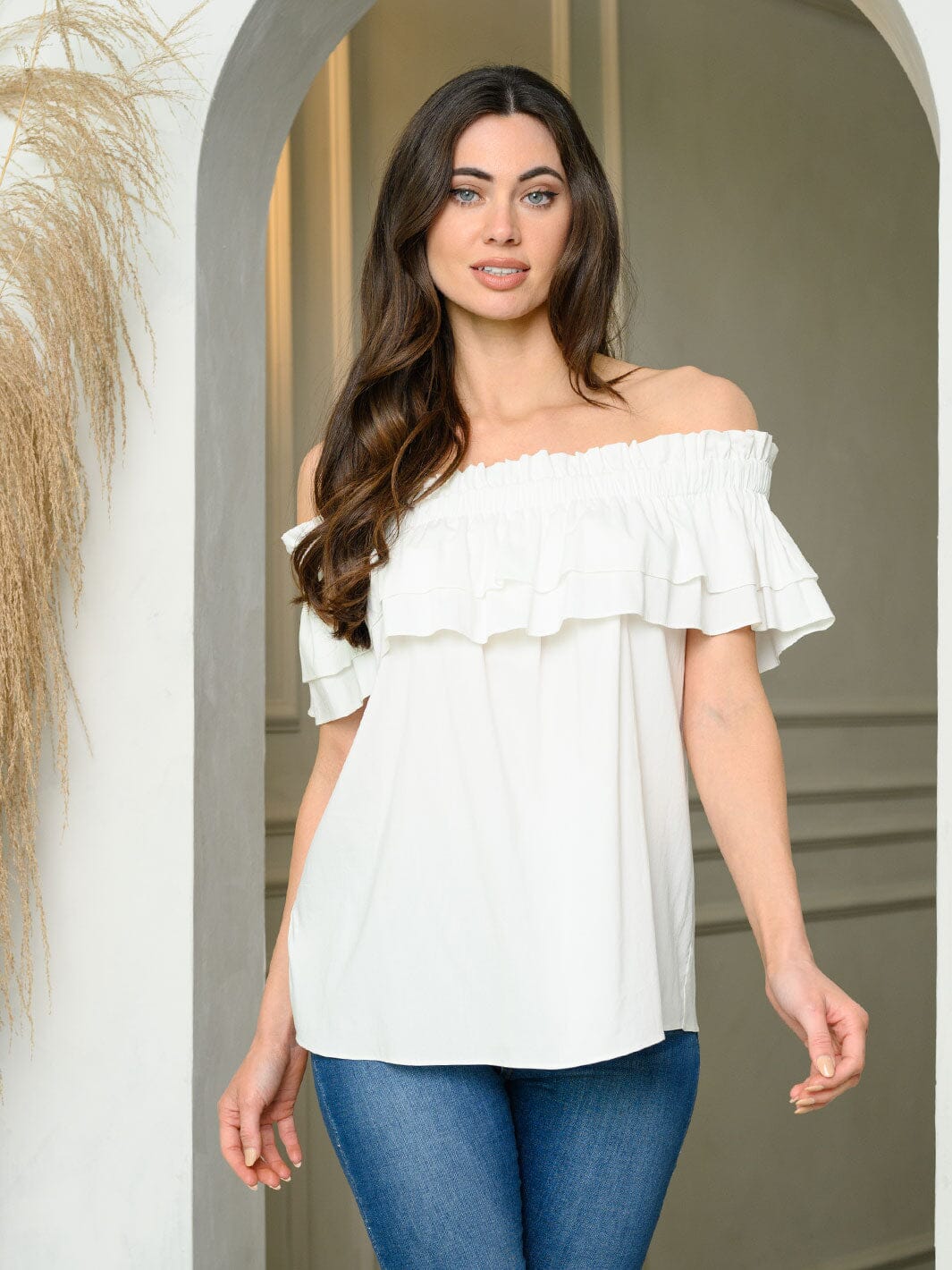 WOMEN'S OFF SHOULDER RUFFLE TUNIC TOP