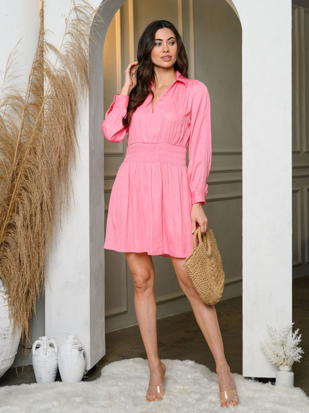 WOMEN'S LONG SLEEVE V-NECK SMOCK MINI DRESS