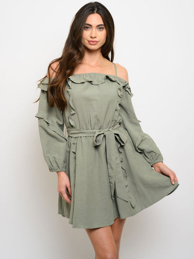 WOMEN'S LONG SLEEVE OFF SHOULDER SELF TIE MINI DRESS