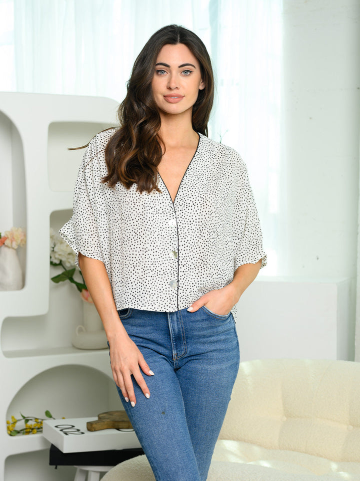 WOMEN'S SHORT SLEEVE BUTTON UP POLKA DOT TOP