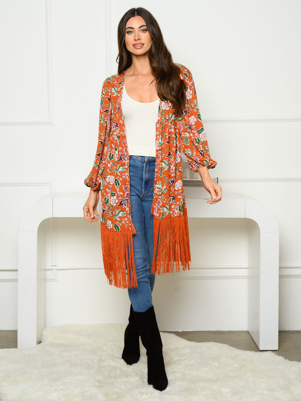 WOMEN'S 3/4 SLEEVE OPEN FRONT FRINGE FLORAL KIMONO