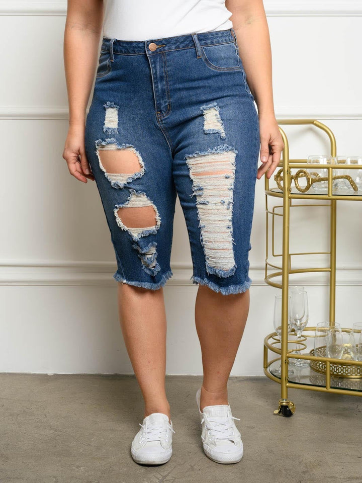 PLUS SIZE DISTRESS DENIM SHORTS