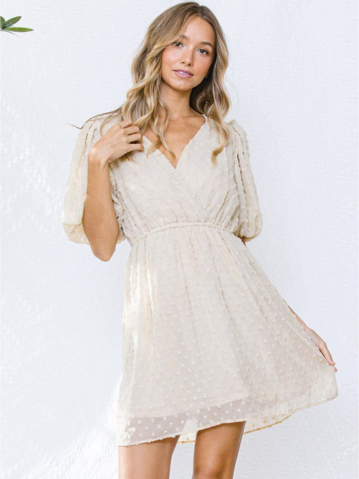 WOMEN'S SHORT PUFF SLEEVE V-NECK SURPLICE SWIIS DOT MINI DRESS