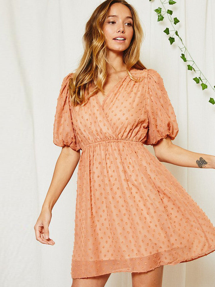 WOMEN'S SHORT PUFF SLEEVE V-NECK SURPLICE SWIIS DOT MINI DRESS