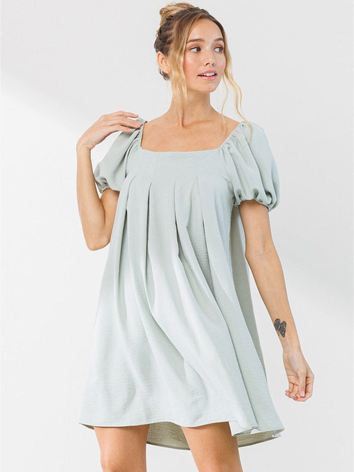 WOMEN'S SHORT PUFF SLEEVE SQUARE NECK PLEATED MINI DRESS