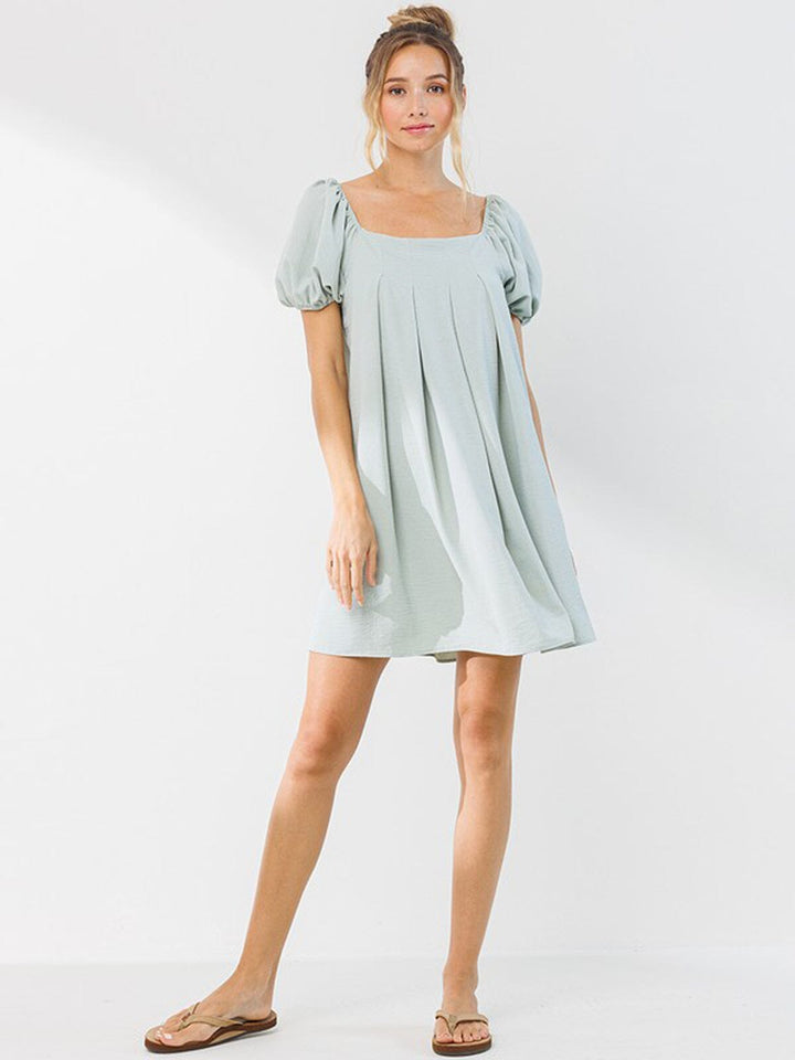 WOMEN'S SHORT PUFF SLEEVE SQUARE NECK PLEATED MINI DRESS