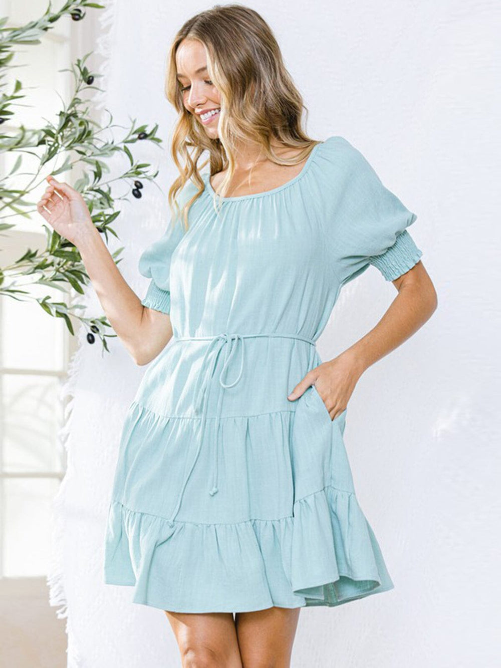 WOMEN'S SHORT PUFF SLEEVE TIERED RUFFLE MINI DRESS ...