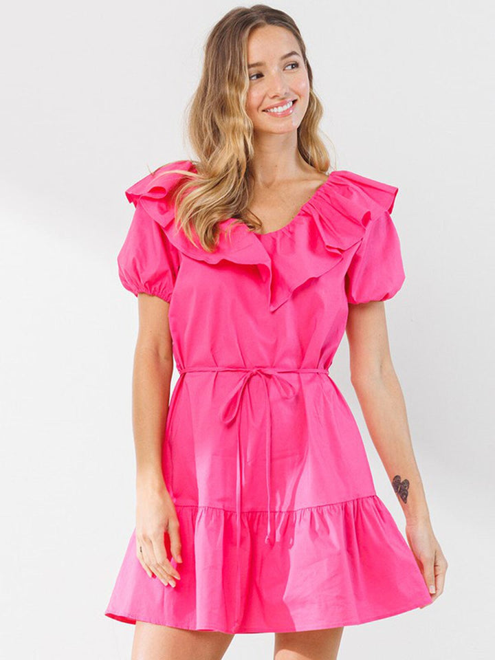 WOMEN'S SHORT PUFF SLEEVE RUFFLE TIERED MINI DRESS
