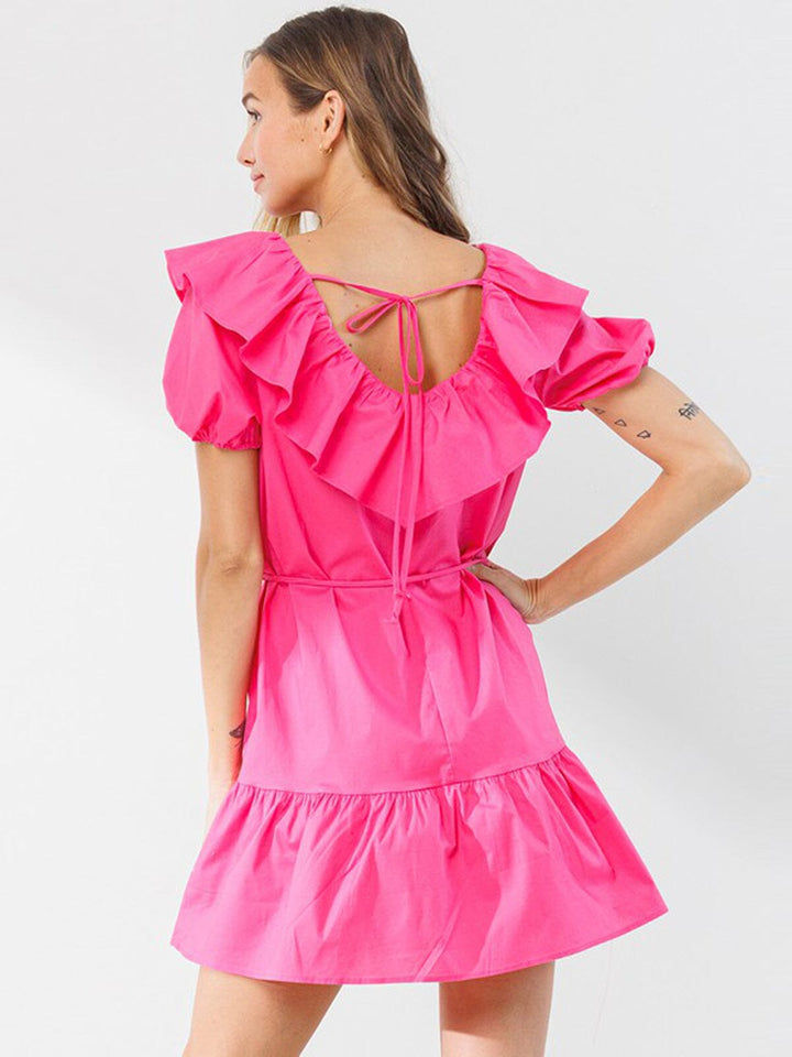 WOMEN'S SHORT PUFF SLEEVE RUFFLE TIERED MINI DRESS