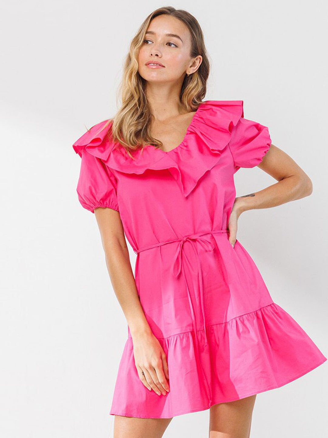 WOMEN'S SHORT PUFF SLEEVE RUFFLE TIERED MINI DRESS