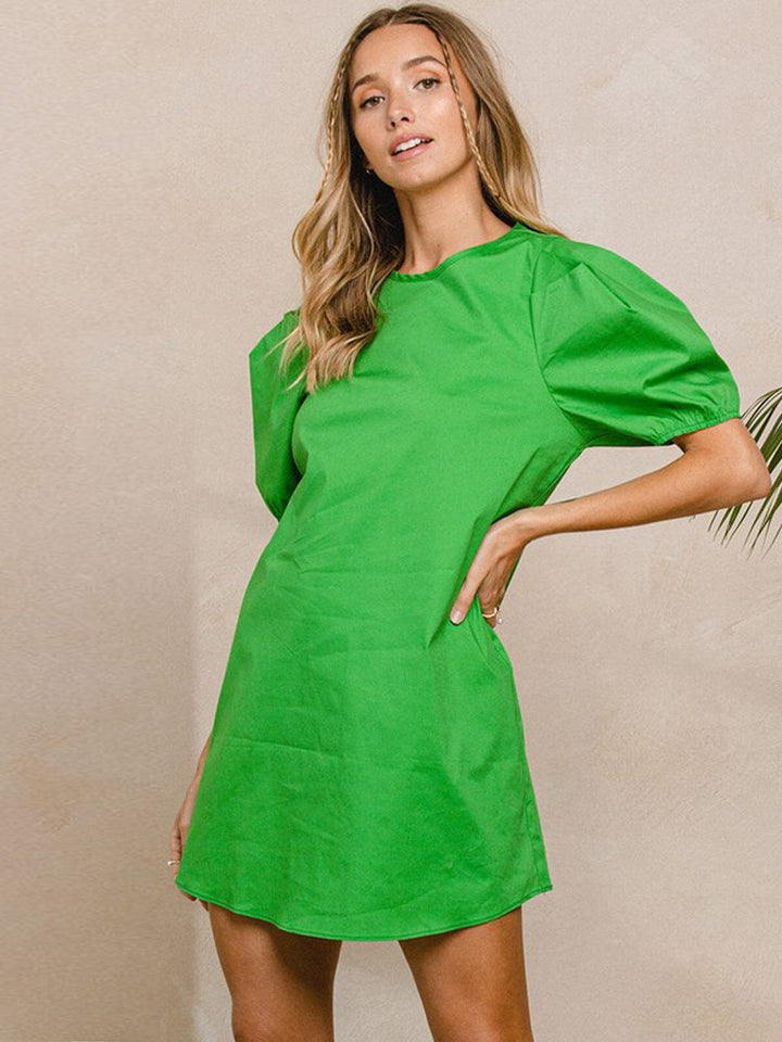 WOMEN'S SHORT PUFF SLEEVE SOLID TUNIC MINI DRESS