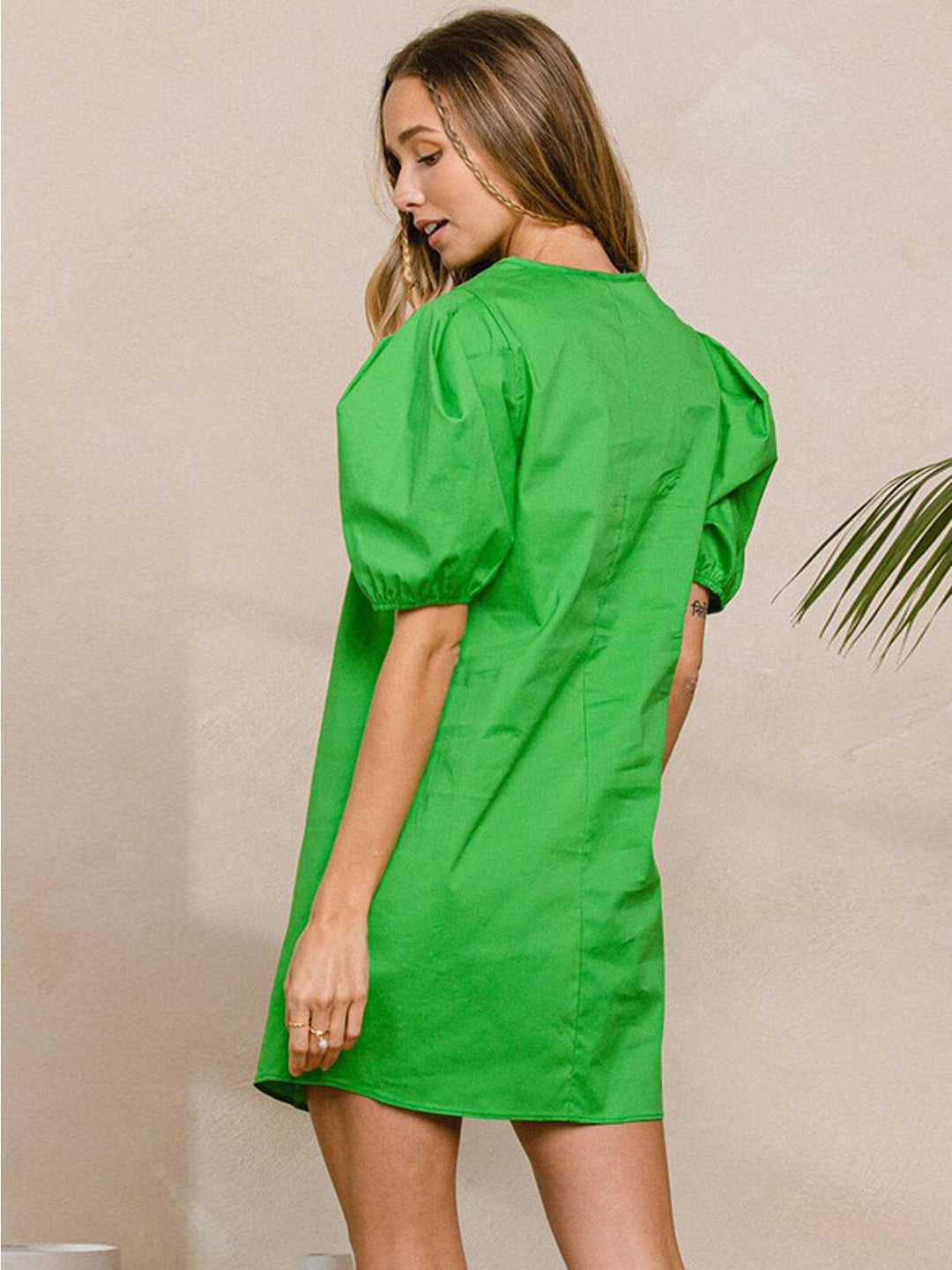 WOMEN'S SHORT PUFF SLEEVE SOLID TUNIC MINI DRESS