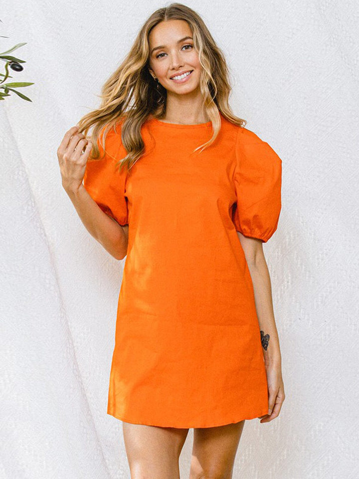 WOMEN'S SHORT PUFF SLEEVE SOLID TUNIC MINI DRESS