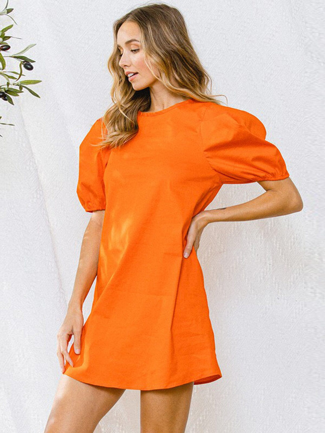 WOMEN'S SHORT PUFF SLEEVE SOLID TUNIC MINI DRESS