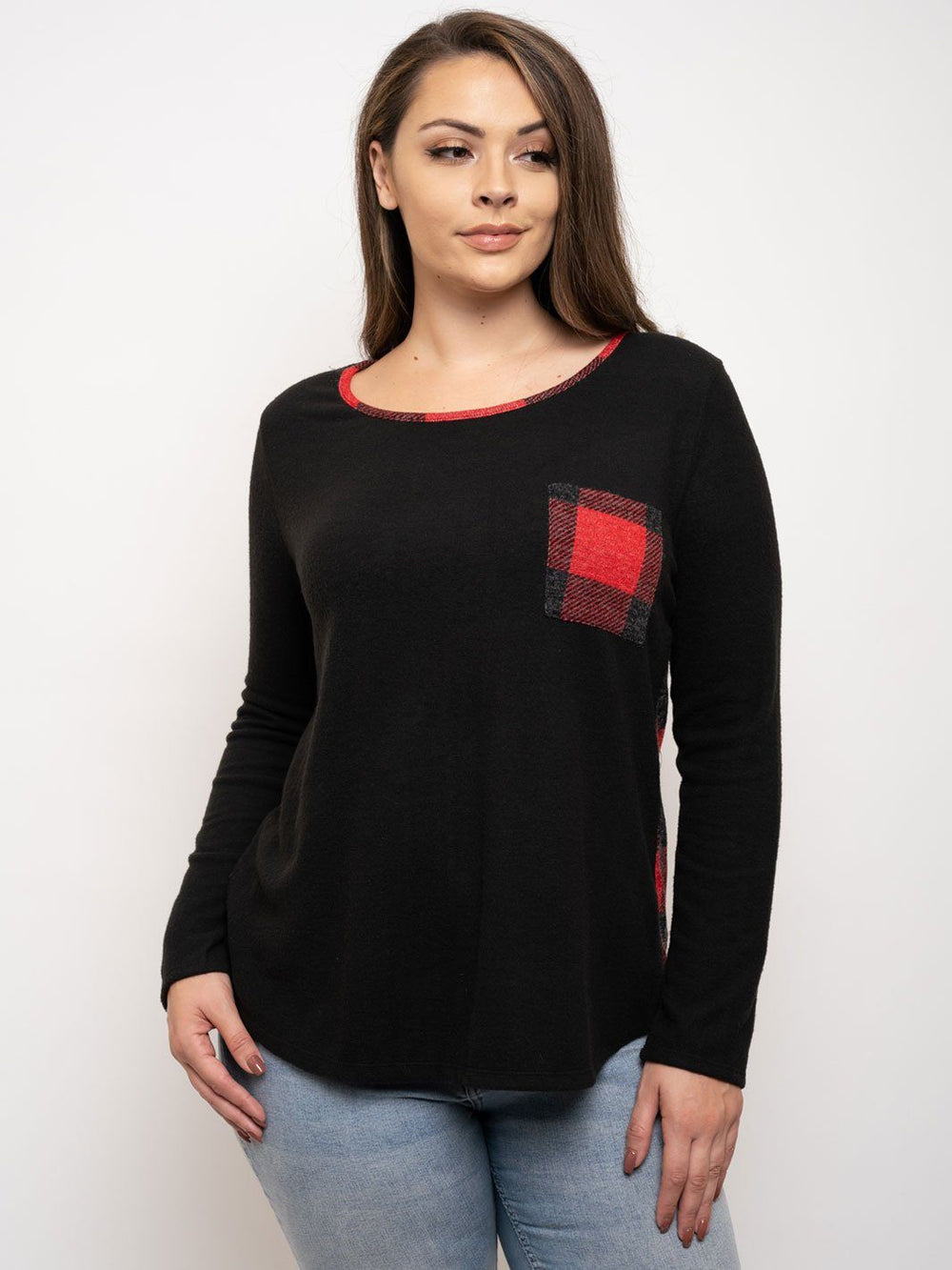 PLUS SIZE PLAID LONG SLEEVE TOP