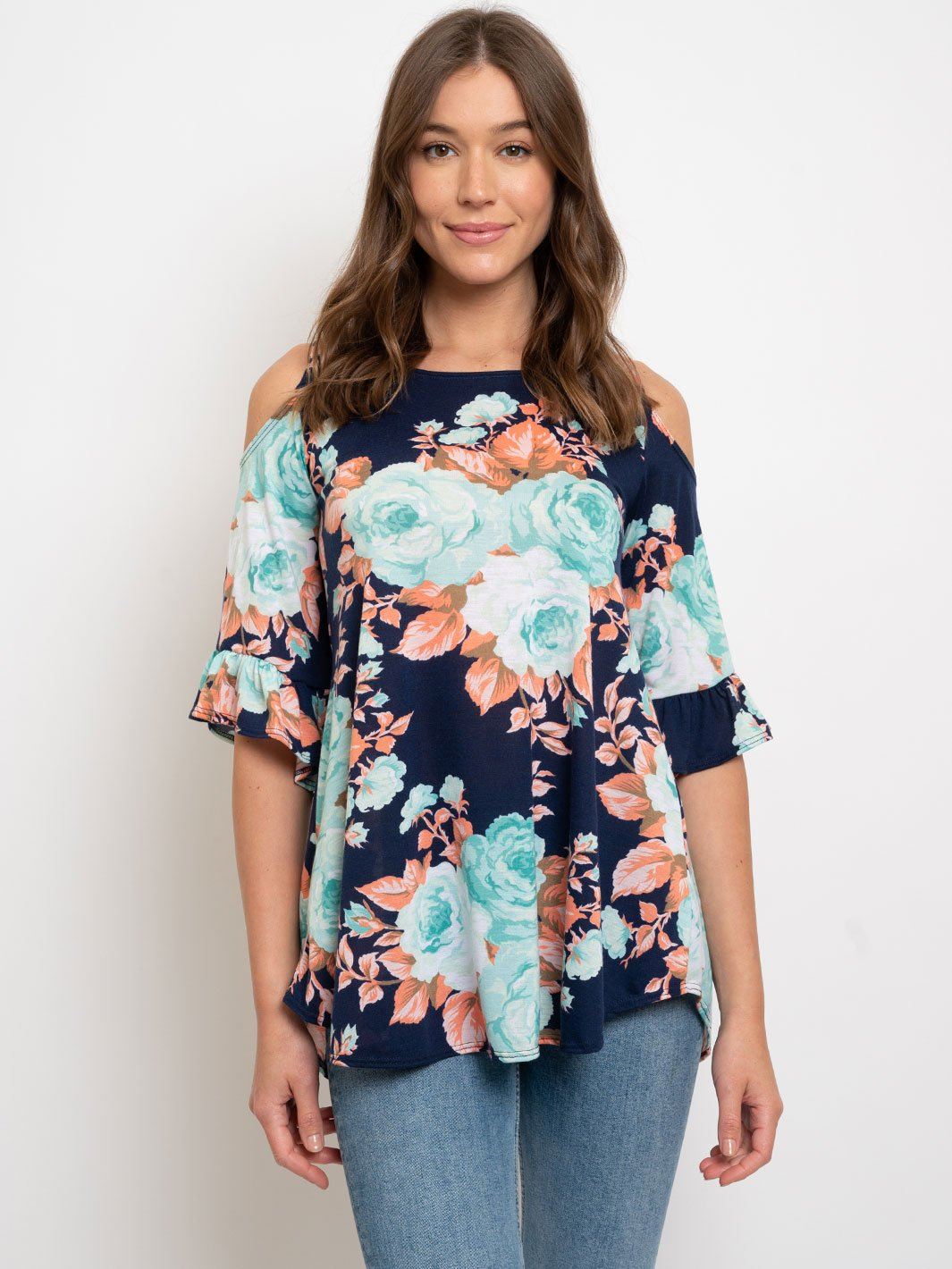 WOMEN'S COLD SHOULDER FLORAL TOP