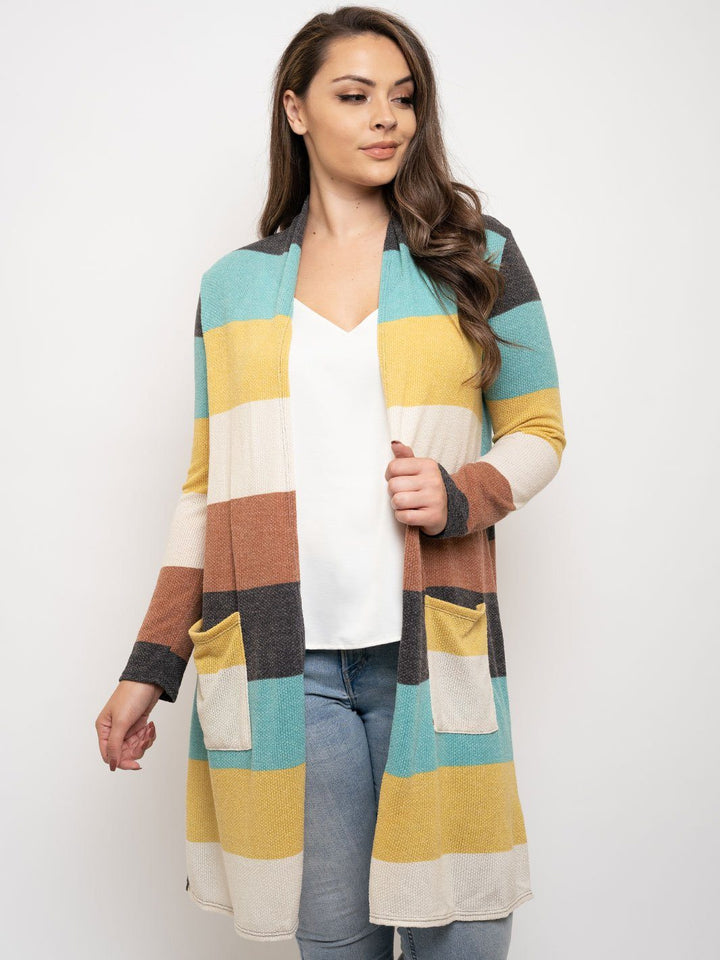 PLUS SIZE COLOR BLOCK LONG SLEEVE CARDIGAN