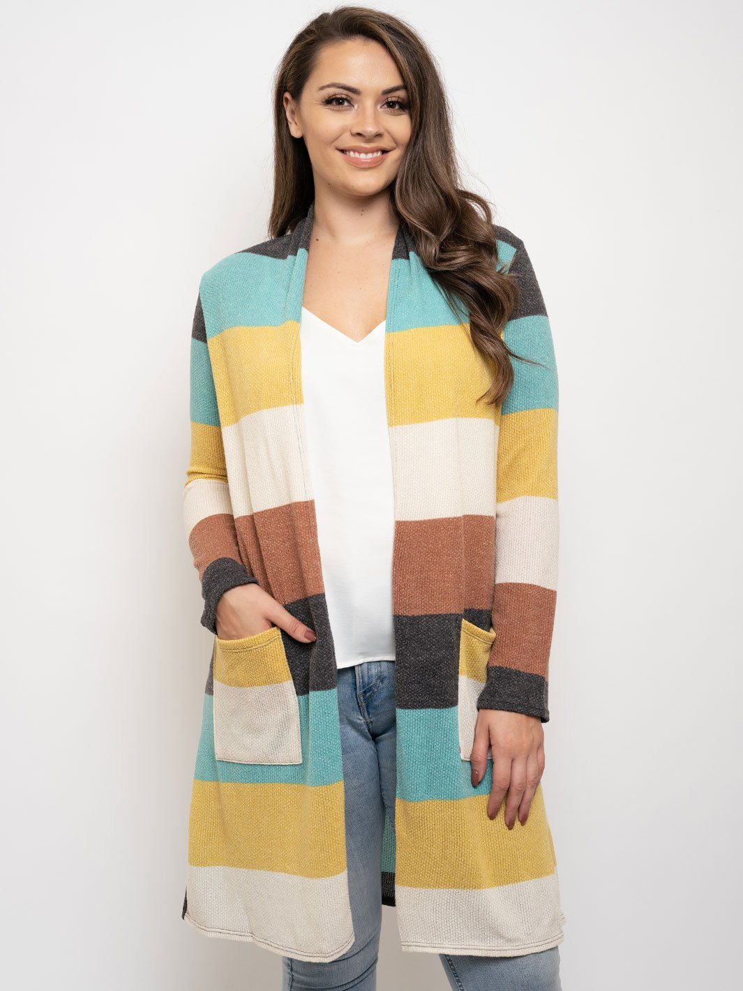 PLUS SIZE COLOR BLOCK LONG SLEEVE CARDIGAN