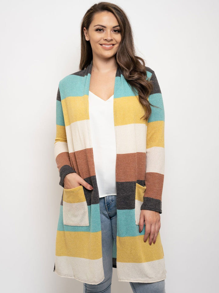 PLUS SIZE COLOR BLOCK LONG SLEEVE CARDIGAN