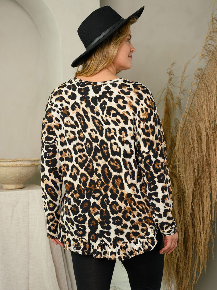 PLUS SIZE LONG SLEEVE ANIMAL PRINT RUFFLE HEM TOP