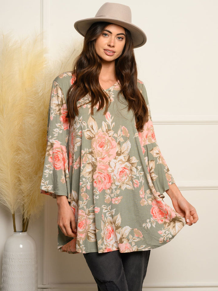 WOMEN'S 3/4 BELL SLEEVE TUNIC FLORAL TOP