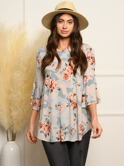 WOMEN'S 3/4 BELL SLEEVE TUNIC FLORAL TOP