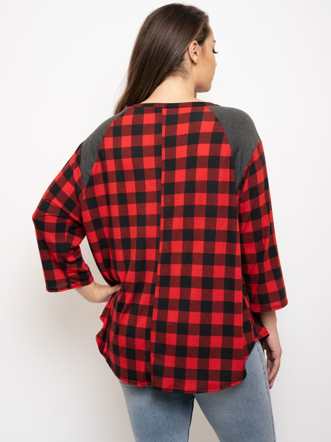 PLUS SIZE 3/4 SLEEVES TUNIC PLAID TOP