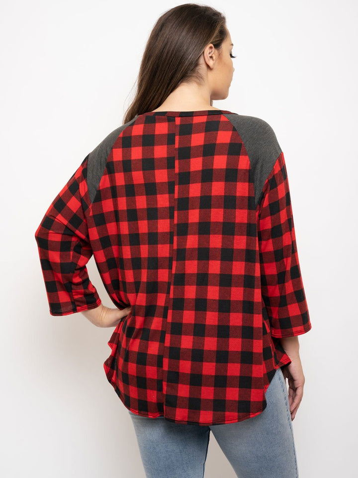 PLUS SIZE 3/4 SLEEVES TUNIC PLAID TOP