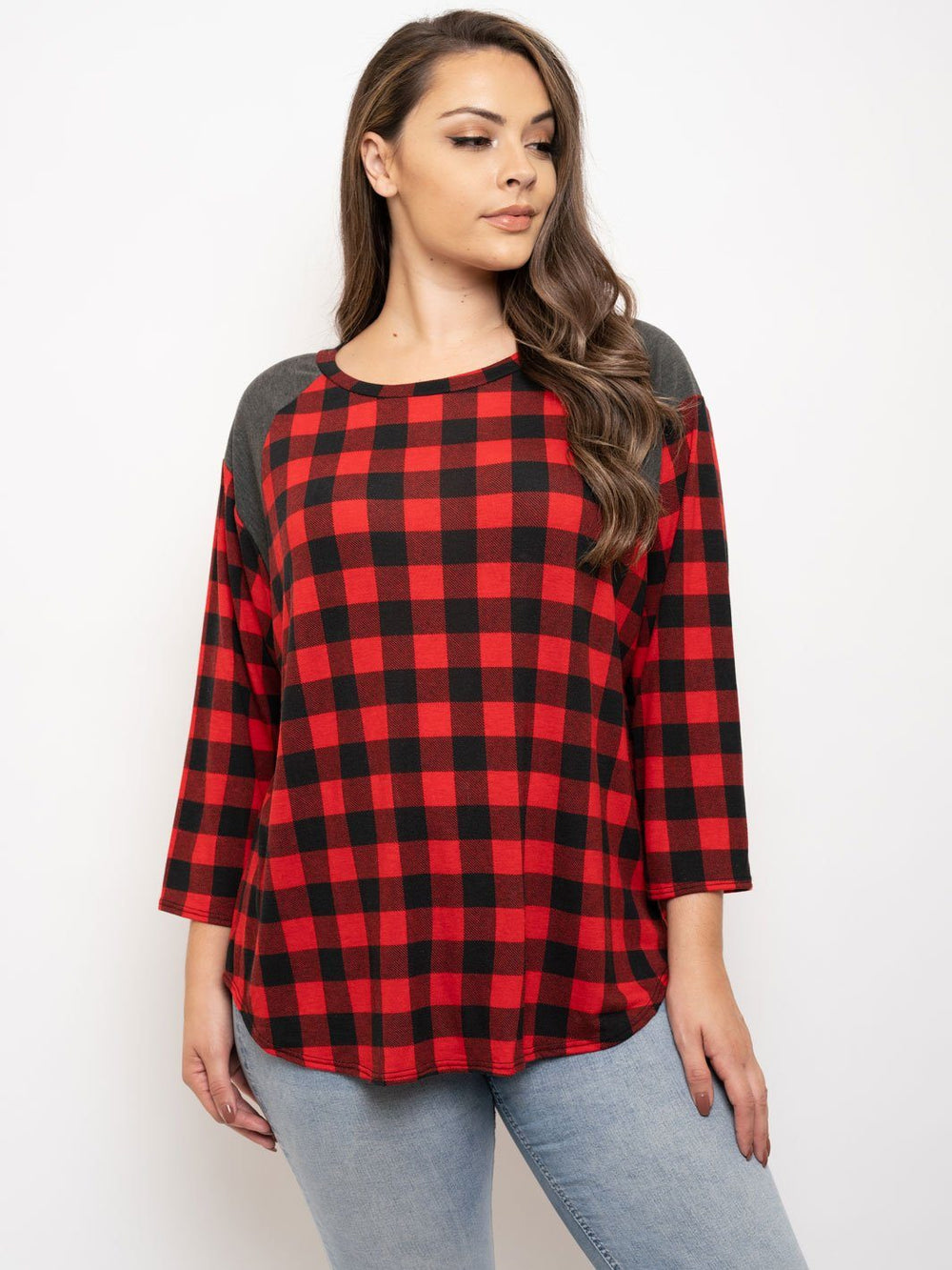 PLUS SIZE 3/4 SLEEVES TUNIC PLAID TOP