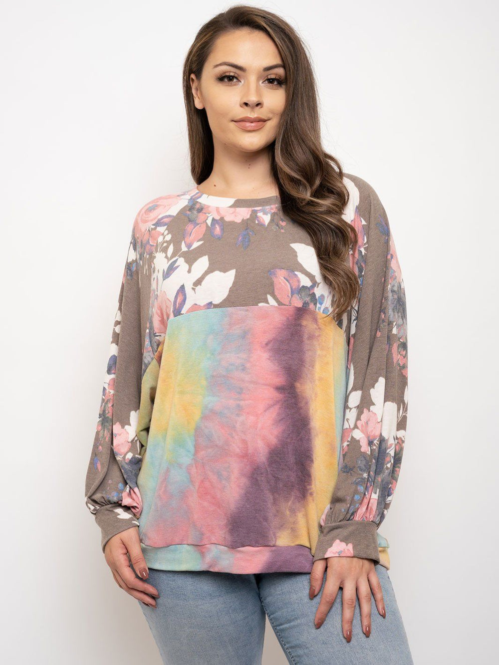 PLUS SIZE FLORAL PRINT LONG SLEEVE TOP