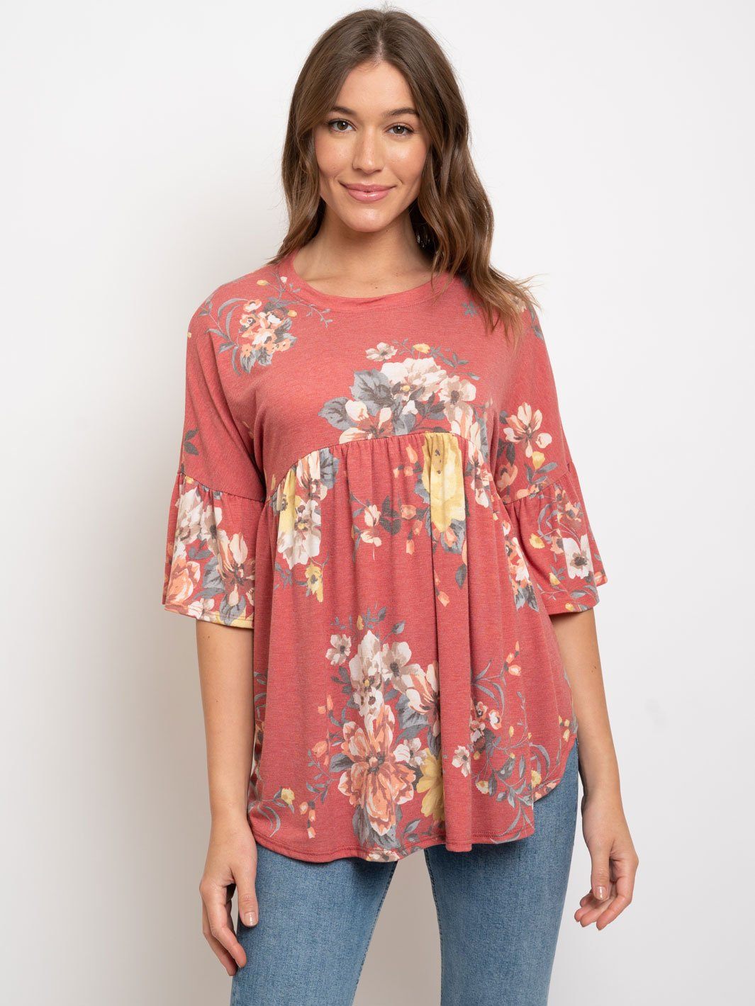 WOMEN'S FLORAL RUFFLE SLEEVES TOP