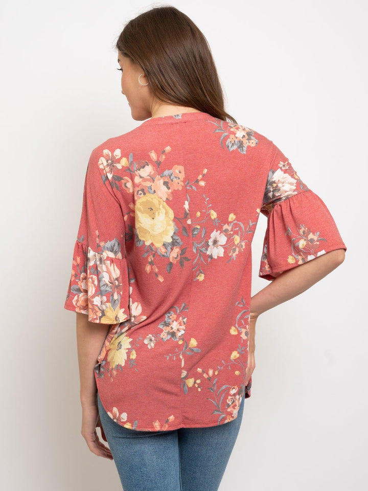 WOMEN'S FLORAL RUFFLE SLEEVES TOP