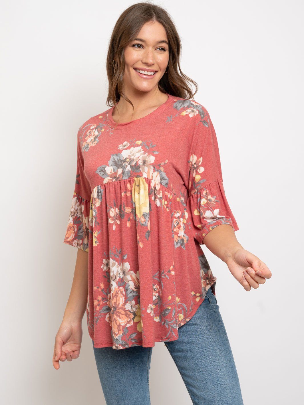 WOMEN'S FLORAL RUFFLE SLEEVES TOP