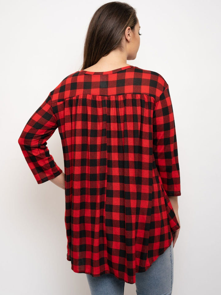 PLUS SIZE 3/4 SLEEVES HIGH-LOW TUNIC PLAID TOP