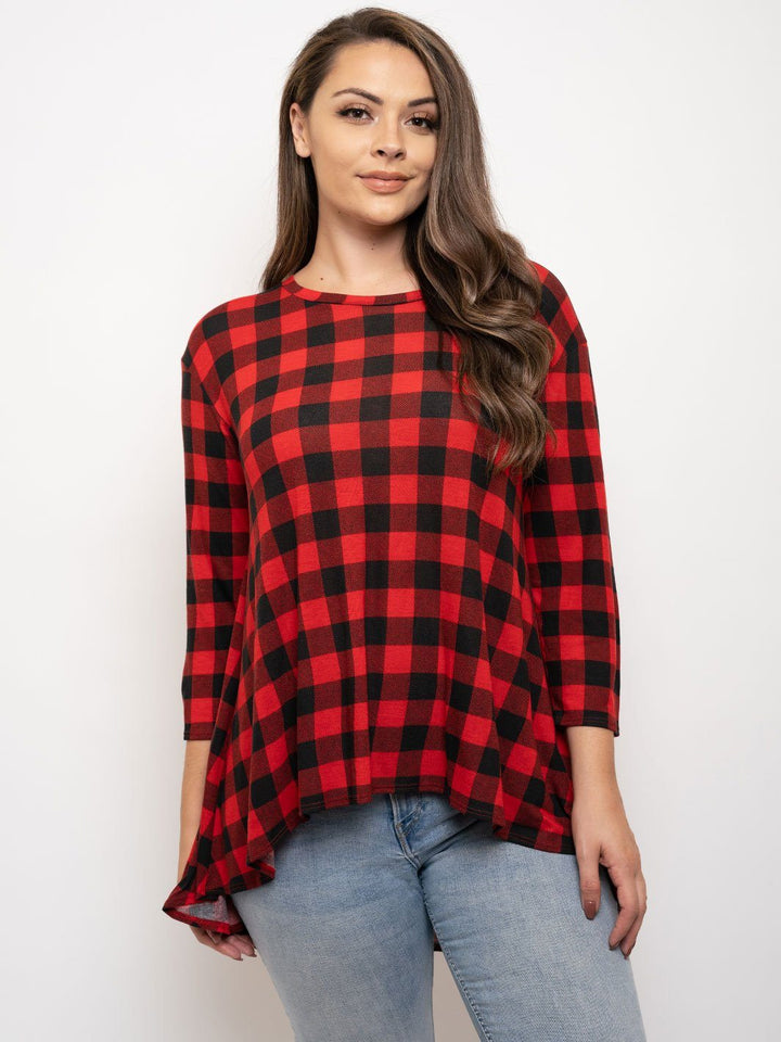 PLUS SIZE 3/4 SLEEVES HIGH-LOW TUNIC PLAID TOP